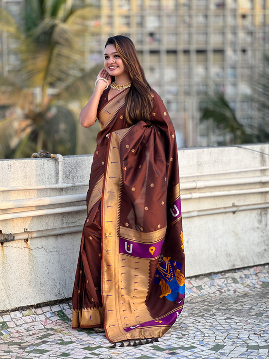 Coffee Banarasi Silk Blend Saree With Blouse Piece