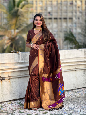 Coffee Banarasi Silk Blend Saree With Blouse Piece