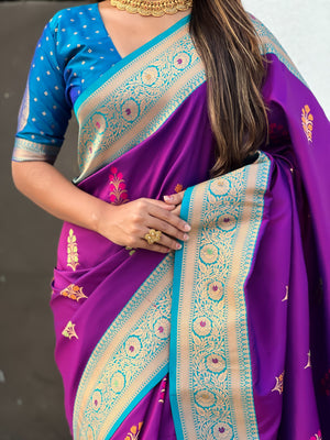 Wine Banarasi Silk Blend Saree With Blouse Piece