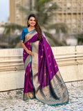 Wine Banarasi Silk Blend Saree With Blouse Piece