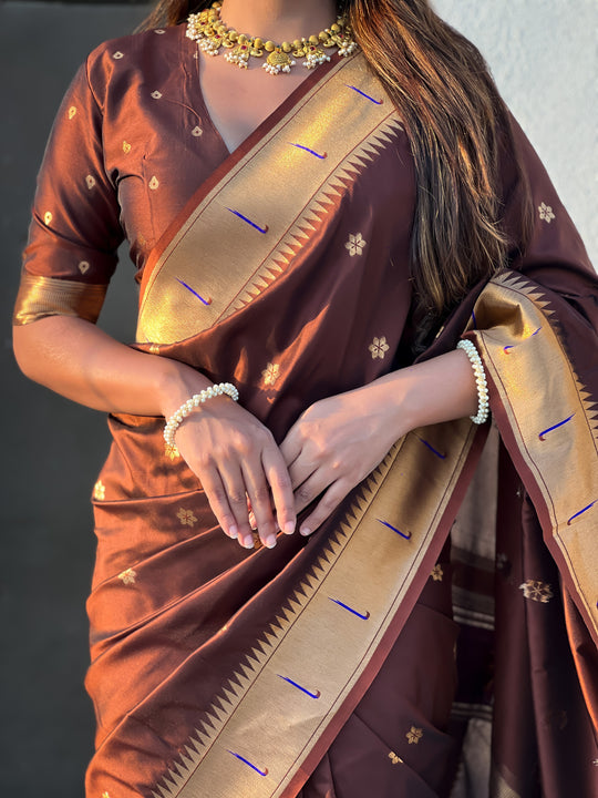 Coffee Banarasi Silk Blend Saree With Blouse Piece