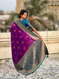 Wine Banarasi Silk Blend Saree With Blouse Piece