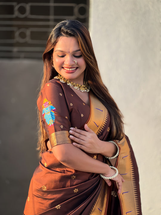 Coffee Banarasi Silk Blend Saree With Blouse Piece