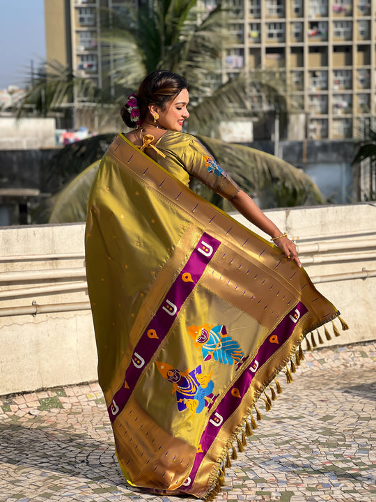 Mehandi Banarasi Silk Blend Saree With Blouse Piece