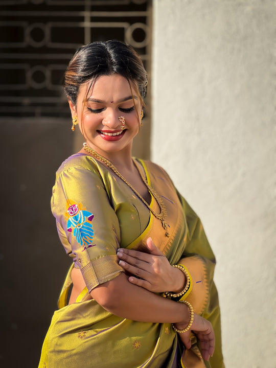 Mehandi Banarasi Silk Blend Saree With Blouse Piece