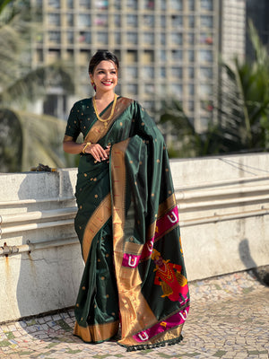 Green Banarasi Silk Blend Saree With Blouse Piece