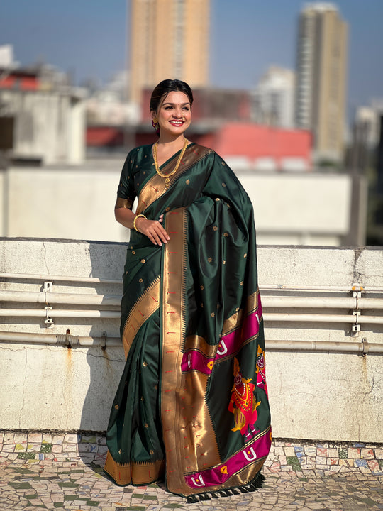 Green Banarasi Silk Blend Saree With Blouse Piece