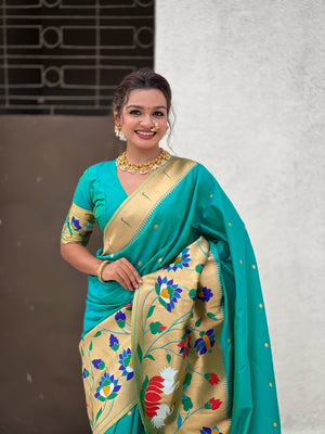 Pista Banarasi Silk Blend Saree With Blouse Piece