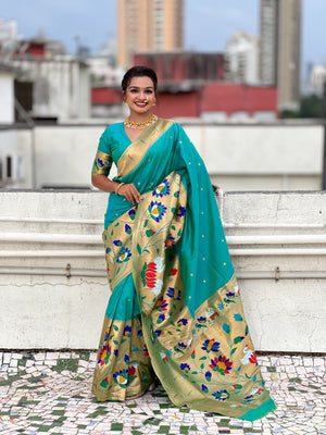Pista Banarasi Silk Blend Saree With Blouse Piece