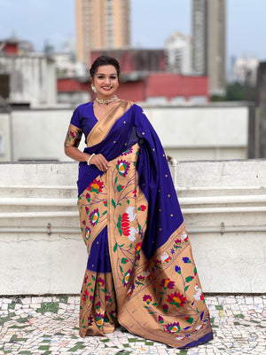 Blue Banarasi Silk Blend Saree With Blouse Piece