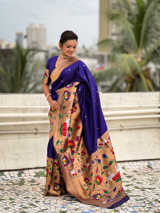 Blue Banarasi Silk Blend Saree With Blouse Piece
