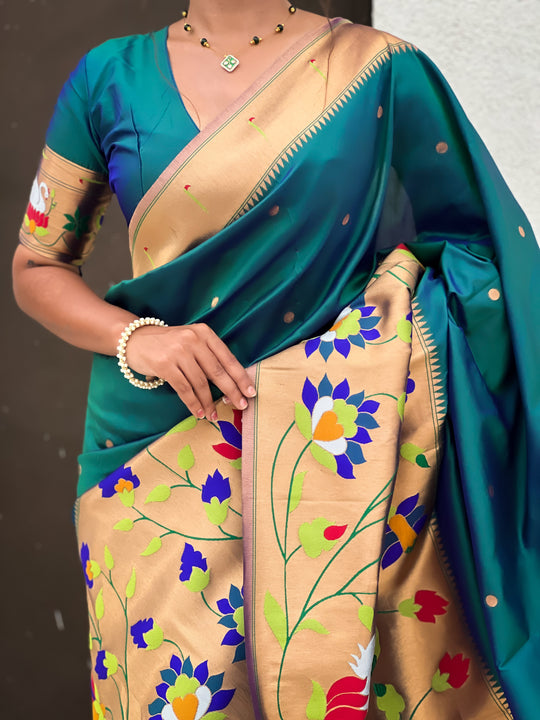 Rama Banarasi Silk Blend Saree With Blouse Piece