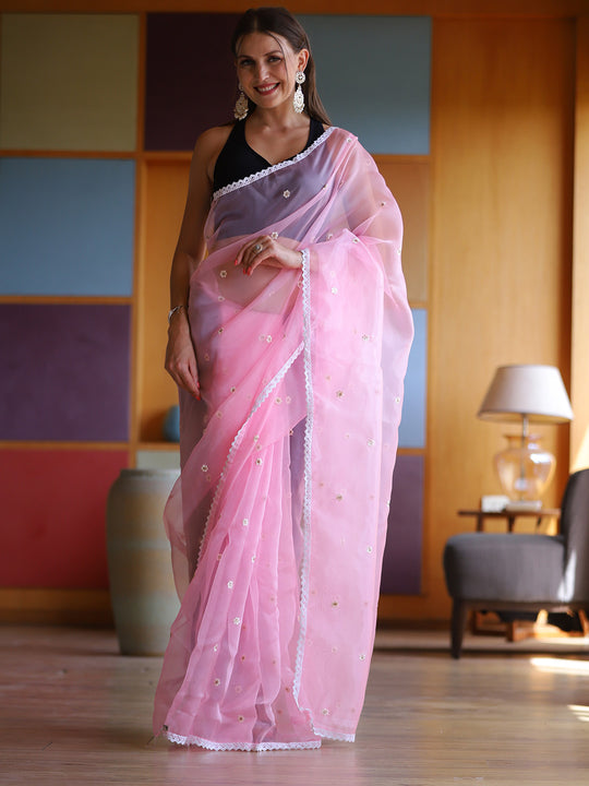 Pink Organza Saree With Blouse Piece
