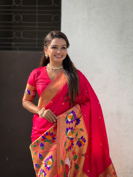 Pink Banarasi Silk Blend Saree With Blouse Piece