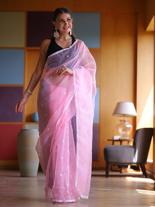 Pink Organza Saree With Blouse Piece