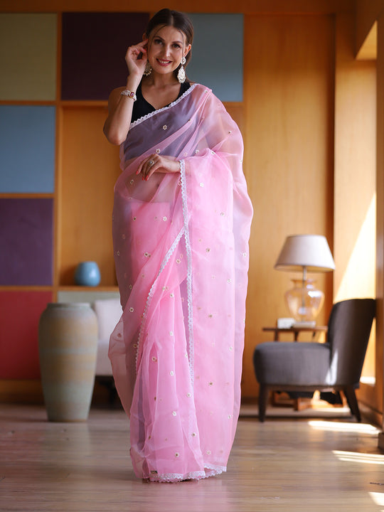 Pink Organza Saree With Blouse Piece