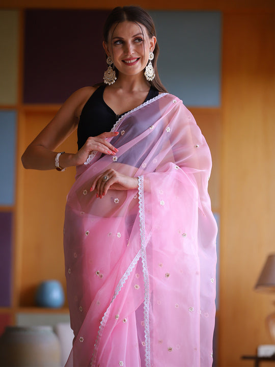 Pink Organza Saree With Blouse Piece