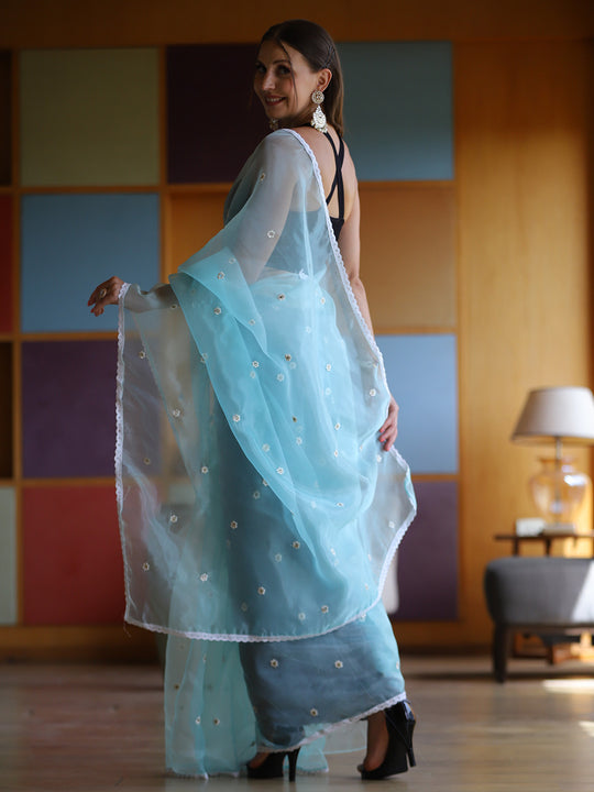 Sky Blue Organza Saree With Blouse Piece