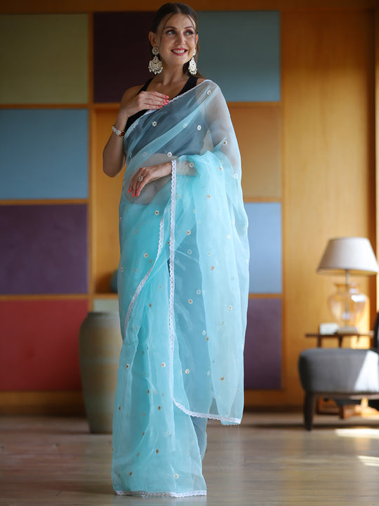 Sky Blue Organza Saree With Blouse Piece