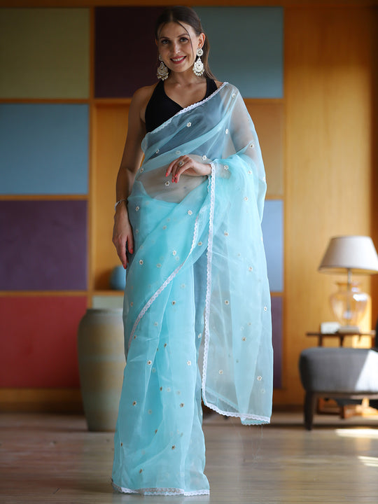 Sky Blue Organza Saree With Blouse Piece