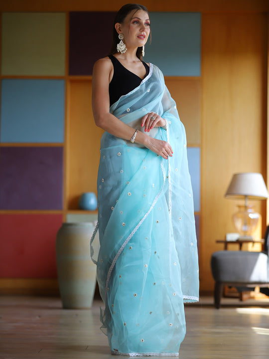 Sky Blue Organza Saree With Blouse Piece
