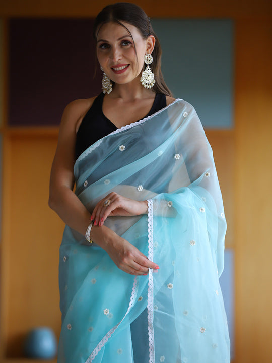 Sky Blue Organza Saree With Blouse Piece