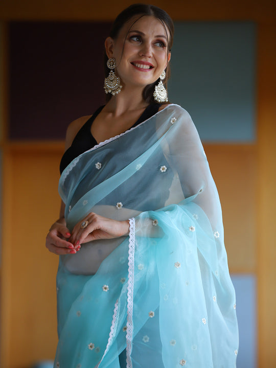 Sky Blue Organza Saree With Blouse Piece