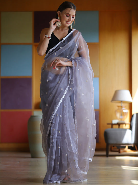 Purple Organza Saree With Blouse Piece