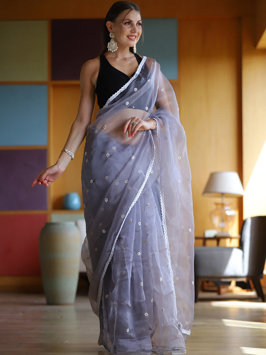 Purple Organza Saree With Blouse Piece