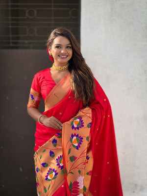 Red Banarasi Silk Blend Saree With Blouse Piece