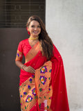 Red Banarasi Silk Blend Saree With Blouse Piece