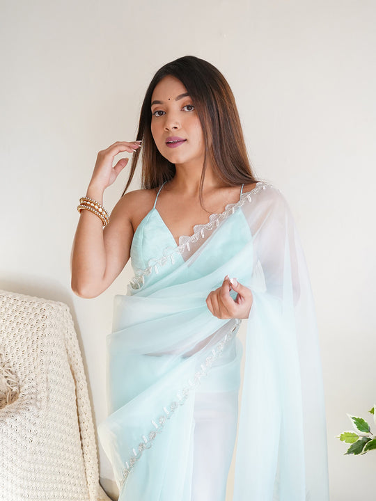 Sky Blue Organza Saree With Blouse Piece