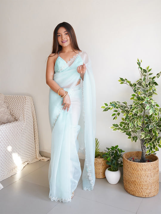 Sky Blue Organza Saree With Blouse Piece