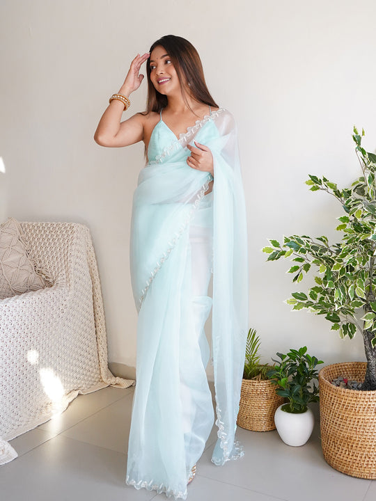Sky Blue Organza Saree With Blouse Piece