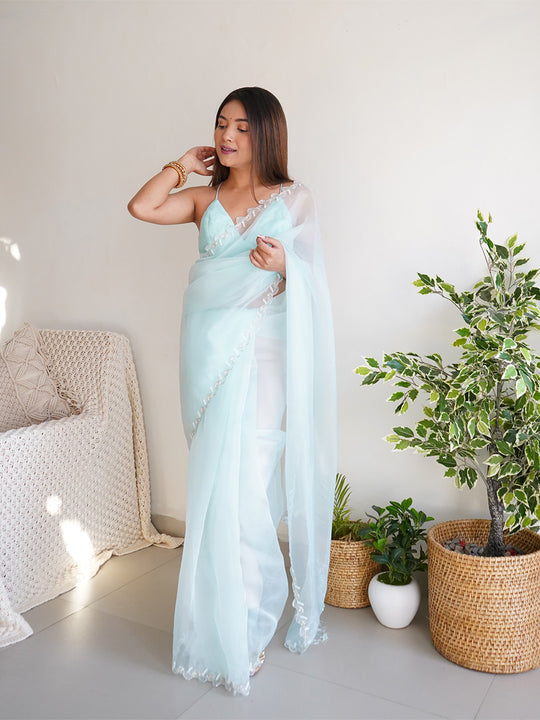 Sky Blue Organza Saree With Blouse Piece