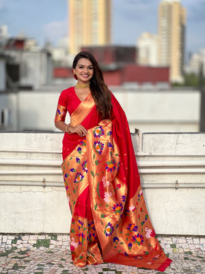 Red Banarasi Silk Blend Saree With Blouse Piece