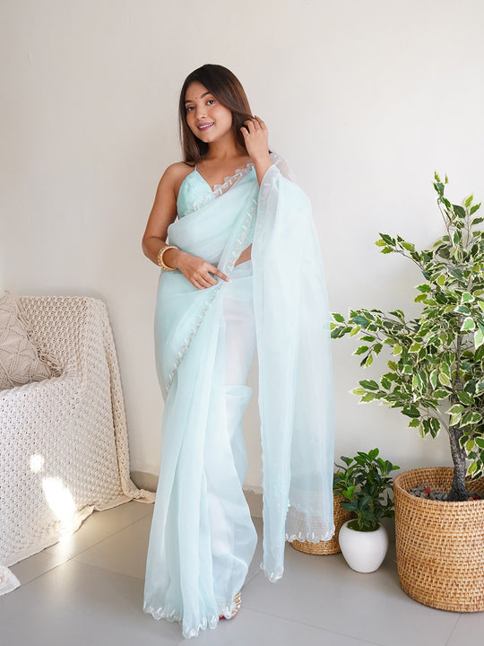 Sky Blue Organza Saree With Blouse Piece