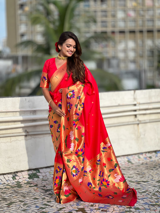 Red Banarasi Silk Blend Saree With Blouse Piece