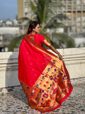 Red Banarasi Silk Blend Saree With Blouse Piece