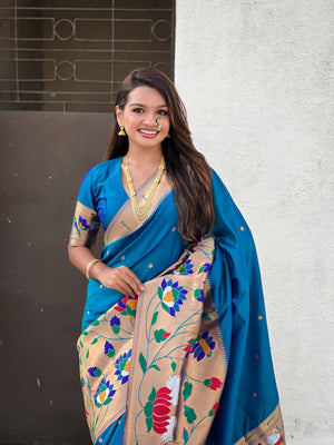 Blue Banarasi Silk Blend Saree With Blouse Piece