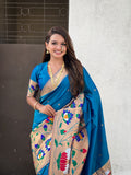 Blue Banarasi Silk Blend Saree With Blouse Piece