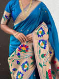 Blue Banarasi Silk Blend Saree With Blouse Piece