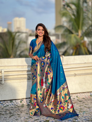Blue Banarasi Silk Blend Saree With Blouse Piece
