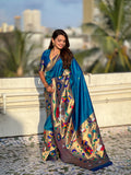 Blue Banarasi Silk Blend Saree With Blouse Piece