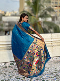 Blue Banarasi Silk Blend Saree With Blouse Piece