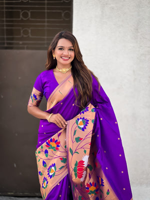 Purple Banarasi Silk Blend Saree With Blouse Piece