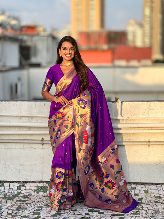 Purple Banarasi Silk Blend Saree With Blouse Piece
