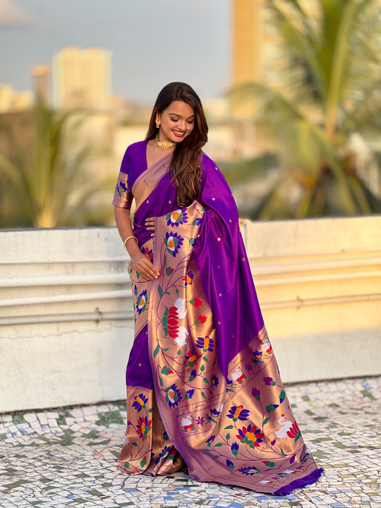 Purple Banarasi Silk Blend Saree With Blouse Piece