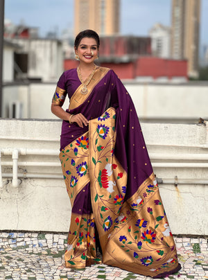 Wine Banarasi Silk Blend Saree With Blouse Piece