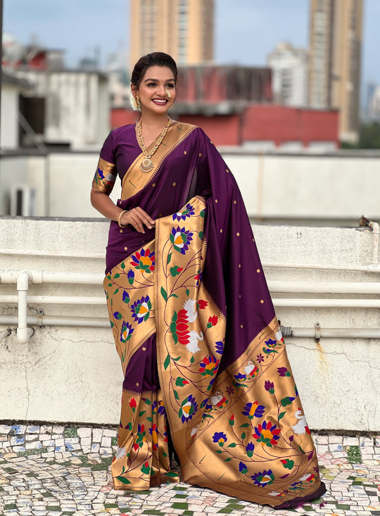 Wine Banarasi Silk Blend Saree With Blouse Piece